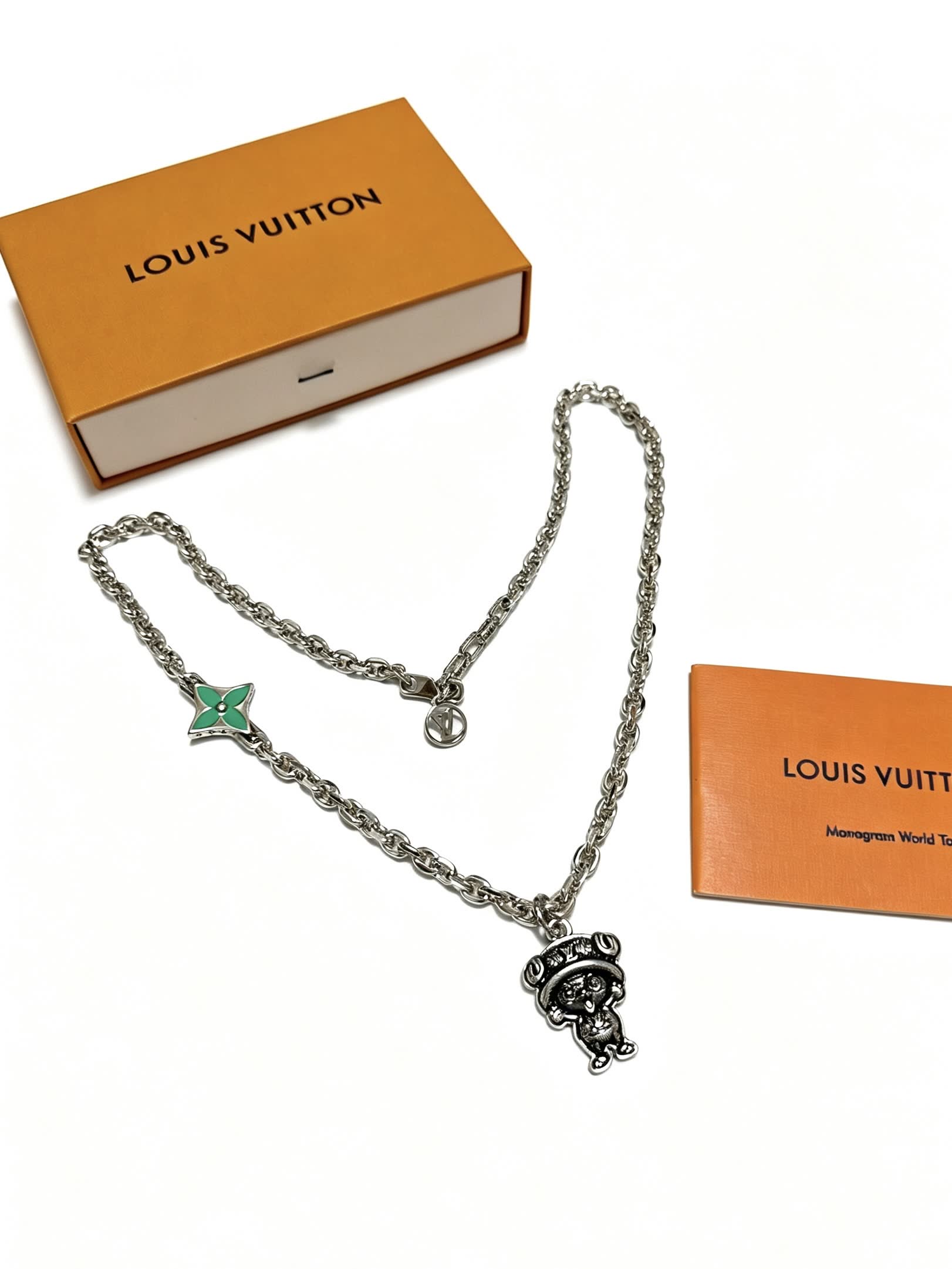 Louis Vuitton Silver Tone Necklace with Green Enamel and Monogram Bear Charm